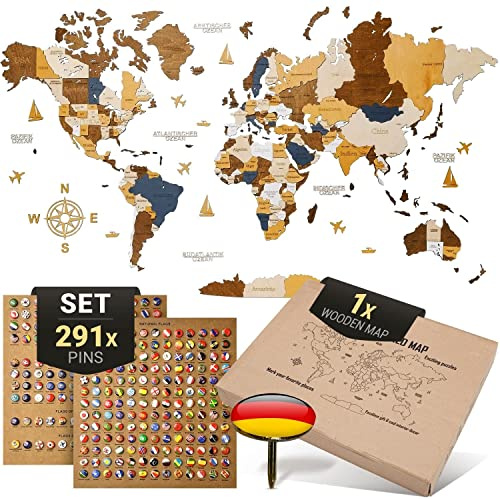 WOW WOOD Premium Wanddeko 3D Weltkarte Holz in Deutsch mit Pins | Werkzeuglose Wandmontage | Eine Geschenkidee für jede Gelegenheit | Wand deko Holz für Wohn- und Büro Deko (Mehrfarbig, 160x85 cms)