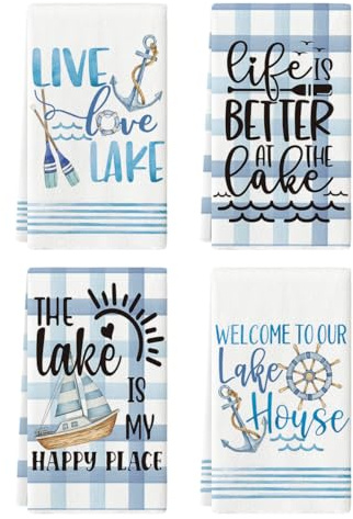 Artoid Mode Buffalo Plaid Stripes Anchors Lake Summer Kitchen Towels Dish Towels, 18x26 Inch Seasonal Decoration Hand Towels Set of 4