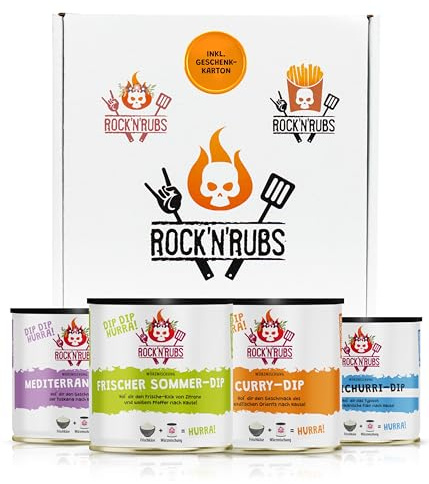 ROCK'N'RUBS® Würzmischung DipDip Hurra 4er Set Sommer, Mediterran, Chimichurri, Curry – Dip Gewürze für Frischkäse, Gemüse & Brot – Geschenkset – Made in Germany