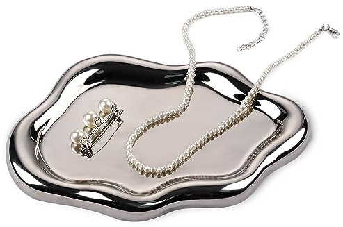 VanEnjoy Ceramic Cute Jewelry Dish, Aesthetic Jewelry Tray Silver finished, Small Trinket Dish, Ring Bowl for Jewelry, Thanksgiving Friend Gift