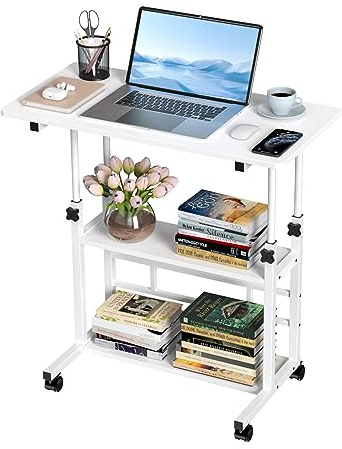 Lvhecforhm Schreibtisch mit Rollen, Mobiler Stehpult, Höhenverstellbarer Arbeitszimmer-Laptoptisch, PC-Workstation mit 2-Stufigem Regal, Kleiner Stehpult, Computertisch für Home Office, Weiß