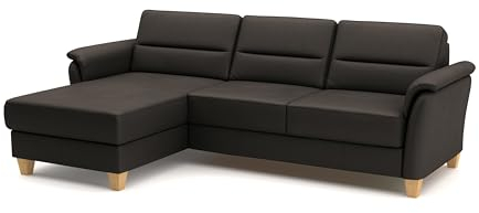CAVADORE Leder-Ecksofa Palera mit Longchair / Landhaus-Couch mit Federkern + massiven Holzfüßen / 244 x 89 x 163 / Leder Dunkelbraun