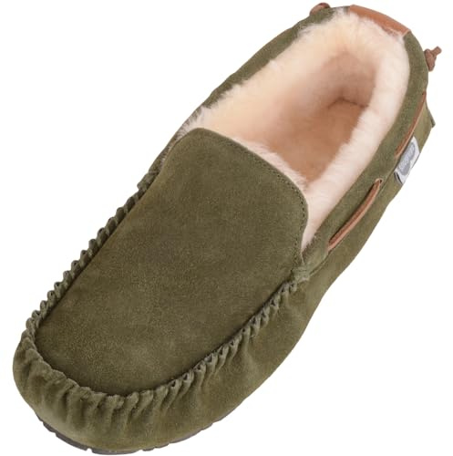 SNUGRUGS Freddie Chaussons mocassins en peau de mouton véritable pour homme Vert Pointure 45, Vert, 45 EU