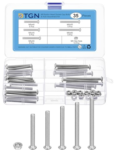DTGN 35 Pack M5 (D) Linsenkopfschrauben und Muttern-Set – 40/45/50/55/60 mm (L) Innensechskantschrauben-Muttern-Sortiment – Vollgewinde aus Edelstahl 304 – gut für Maschinen