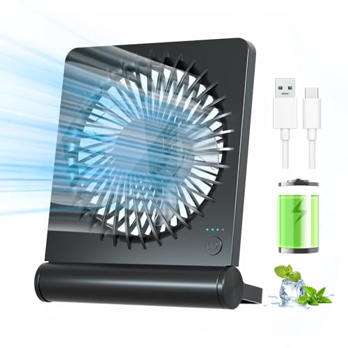BIVBTP Kleiner Tischventilator, 2000mAh Tragbarer Wiederaufladbarer Ventilator, 3-Stufen-Variable, 220° Einstellbar, Leiser Lang Anhaltender USB Ventilatoren Geeignet für Büro, Zuhause, Reisen-Schwarz