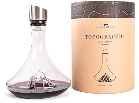 Caraffa per decantare il vino, 1,8 l, borosilicato di alta qualità, soffiato artigianalmente con montagne in rilievo, tappo 3 in 1 (filtro, aeratore e beccuccio) (Everest)