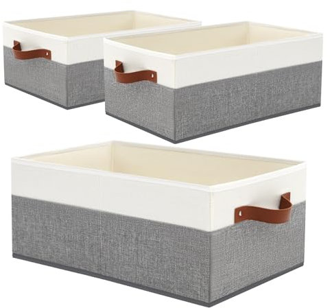 3 Pack Large Capacity Storage Bins Closet Organizer for Shelves, Fabric Closet Storage Baskets Boxes with Leather Handles for Organizing Clothes, Sheets, Jeans, Toys, Books (Grey)