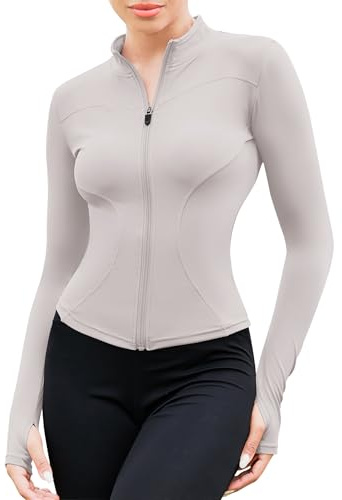 EFFAN Sportjacke Damen Eng Laufshirt Sport Yoga Shirt Langarm Eng Running-Bekleidung Pilates Jacke Outfit Gym Oberteil Klamotten Running Laufjacke Elfenbeingrau M