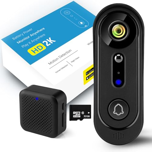 Wireless Video Doorbell Camera with Chime | Pre-installed 32GB SD Card No Monthly Fee, 2K HD Night Vision, 2-Way Audio, Motion Detection,2.4G WiFi