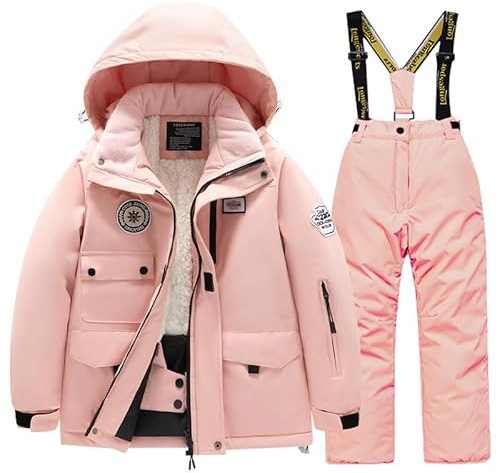 SUYUKU Traje de Nieve 2 Piezas para Niños Invierno Niña Niño Mono de Nieve Abrigo con Capucha de Moda Pantalones de Peto Cálidos Niños Niña Trajes de Esquí Impermeables Felpa Térmica Exterior Traje de