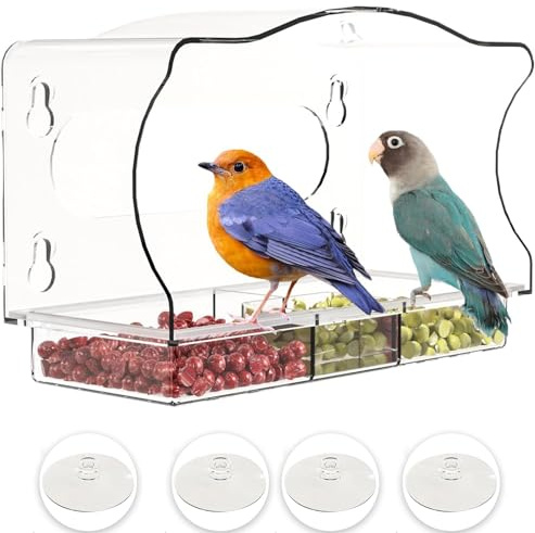 Bhina Transparent akrylmatare med starka sugkoppar, fågelmatare, takformad fönsterfågelmatare, fågelmatare för upphängning för trädgård utomhus (rectangle)