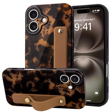 LAPOPNUT for iPhone 16 Case Strap Leopard Tortoise Print, Brown | Cheetah Amber Pattern Phone Cover, Adjustable Finger Wrist Stand Holer, Cute for Women Girls Men,TPU Bumper Shell, Protecion