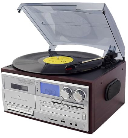 XEEAOFE Altoparlanti Stereo Wireless Retro Music, Lettore CD, Giradischi, Radio, Bluetooth, Telecomando, Altoparlanti Stereo - Centro di Intrattenimento per Gli Amanti della Musica,Silver-220V