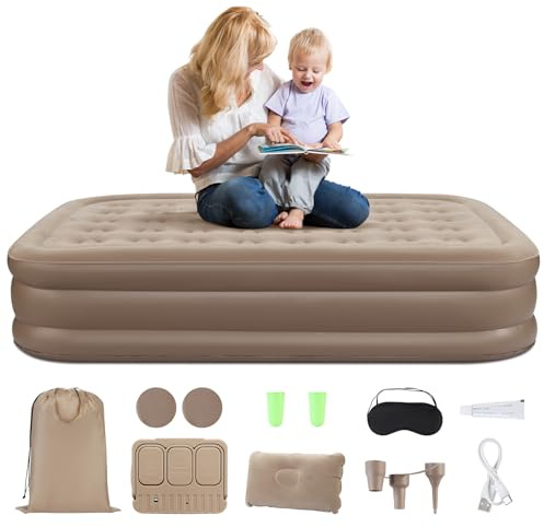 DEWINNER Single Air Bed,Single Inflatable Mattress with Built-in Electric Pump and 1*Pillow,Quick 3-Min Inflation/Deflation,Blow Up Bed,Flocked Surface,Bed for Home,Camping and Guests(90x190x40)