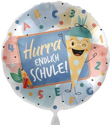 Folienballon Schulanfang Hurra Endlich Schule Luftballon Geschenk Schulkinder zum Schulbeginn Ballon 1. Klasse Schuleinführung Einschulung -Made in EU- Helium geeignet