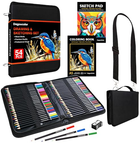 DagouColor Färgblyantsatt Axlerryggbar, 52 Färgade Pennor Ritning Kit, Skissuppsättning Med 3-färg Skissbok, Färgbok, Konstförnödenheter för Konstnärer Nybörjare Yrkesverksamma Ritning Media