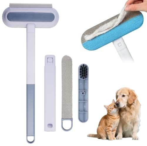 Rimuovi Pelo Multifunzionale per Animali con Manico Lungo, 4 In 1 Spazzola per Gatti Cani con Testina Principale a Doppia Azione+Testina per Fessure+Tergipavimento per Finestre+Spazzola con Setole