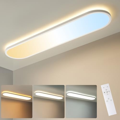 LEZOE Lámpara de techo LED, regulable con mando a distancia, 60x20x2,9cm, 24W 3000 lm 2700K-6500K con función de memoria, ideal para oficina, salón, dormitorio, baño, cocina y despacho ovalada