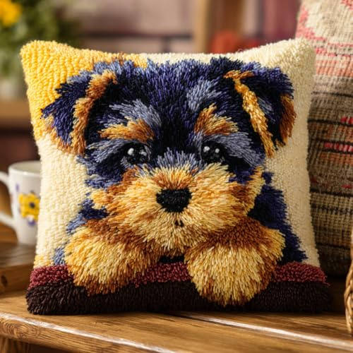 AxiangziK Tier Hund Knüpfkissen Zum Selber Knüpfen,süßer Welpe,DIY Kissen Kissenbezug Kreuzstich Latch Hook Kit Handwerk Handarbeiten Erwachsene Kinder Kunsthandwerk,17x17in