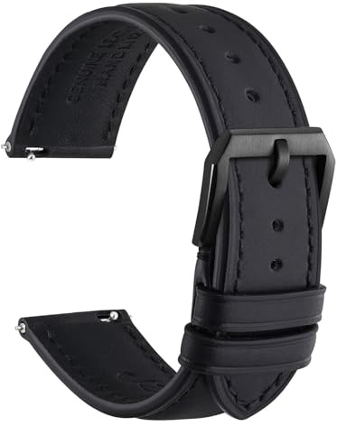WOCCI 22mm Correa de Reloj, Cuero Genuino, Liberación Rápida, Hebilla Negra (Negro)