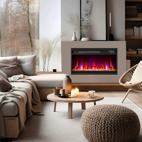 RELAX4LIFE 49/61/68,5 cm Camino Elettrico Incassato con Fiamma Multicolore e Letto di Braci, Telecomando, Timer, Termostato Integrato e Protezione da Surriscaldamento, 1500W (LUNGHEZZA:61CM)