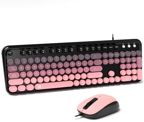 FOPETT Ensemble clavier et souris filaires 8870P – Claviers d'ordinateur de taille normale avec 104 touches rondes souris et clavier rétro pour ordinateur de bureau et ordinateur portable – Rose