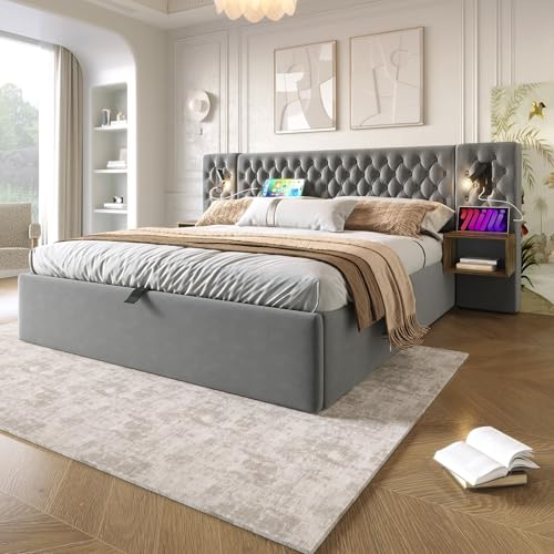 Polsterbett,Doppelbett,Bettgestell,Bettanlage Schlafzimmer Komplett Set,Hydraulisch Stauraumbett mit 2 Nachttischen, Kopfteil Leselicht mit USB Ladefunktion, Grau, Samt,180×200 cm (Ohne Matratze)