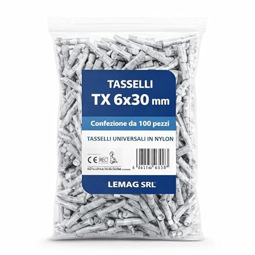 Tasselli TX 6x30 mm in Nylon Ø 6 – Tasselli Universali per Muro e Mattone – Antirotazione ed Espansione – Confezione da 100 Pezzi – LEMAG SRL