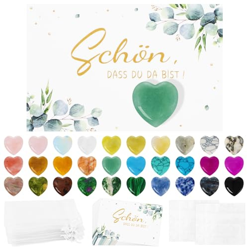 Solivive 30 Sets Gastgeschenke Hochzeit,Schön dass du da bist Gastgeschenk Grußkarten+Herzförmiger Stein+Organzabeutel,Gastgeschenk Taufe,Geeignet für Hochzeiten,Taufen,Kommunionen,Konfirmationen