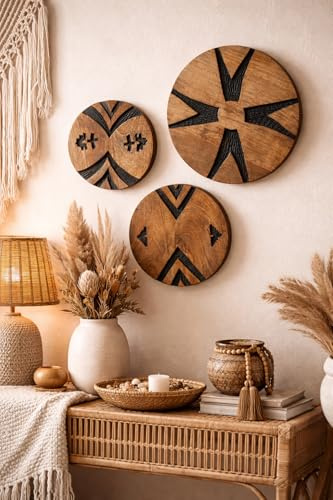 MF Wanddeko Holz Dalane, 3er Set, Rund, Mangoholz, Natur/Schwarz, Geometrisch, Boho Ethno, Ø 20/25/30 cm, Handgearbeitet