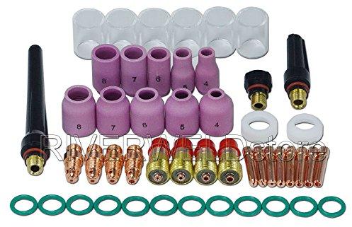RIVERWELD TIG Kurz Gaslinsen-Spannkörper 17CB20 17GL-Serie Glasbecher aus reiner Quarz Düse #10 16,0 mm Aluminiumoxid-Düse Keramikbecher 53N 13N-Serie für SR WP 17 18 26 WIG-Schweißbrenner 49 Stück