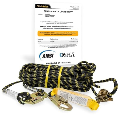 KwikSafety - Charlotte, NC - Tsunami [Premium Braided Rope] Vertical Lifeline ANSI OSHA Rope Grab Snap Hook Shock Absorber Fall Protection Line Kit Restraint System Roofing Safety Equipment / 50 FT.