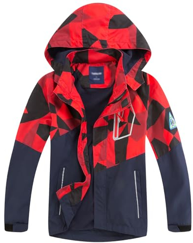 LAUSONS Chaqueta Impermeable Niño - Chubasquero Camuflaje con Capucha - Cortavientos con Forro Polar para Niños Rojo 7-8 años / 130cm