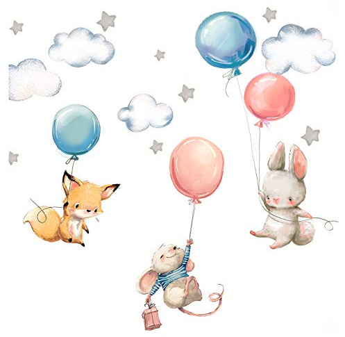 Little Deco Wandtattoo Fuchs Maus und Hase mit Luftballon DL312 S - 73 x 40 cm (BxH)