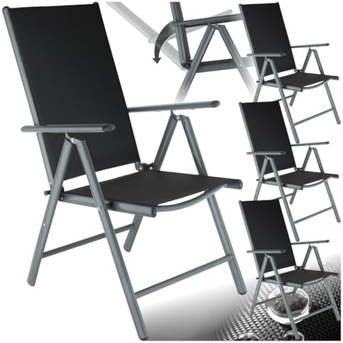 tectake® Aluminium Gartenstuhl 4er Set, Klappstuhl mit 7-Fach Verstellbarer Rückenlehne, Hochlehner mit Armlehnen, Gartenmöbel Set mit 4 Stühlen, für Garten Balkon Terrasse Camping, anthrazit