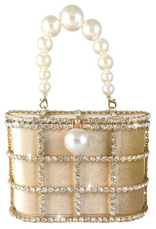 Synthetic Pearl Top-Handle Women Metal Bucket Bag Crystal Evening Purses and Clutches Formal Wedding Handbags, Gold, M