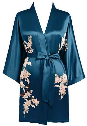 BABEYOND Satin kimono morgonrock kort blommigt tryckt kimono rock lång knälång kimono klänning täcka upp för kvinnor bröllop pyjamas fest, Mörkgrön, one size