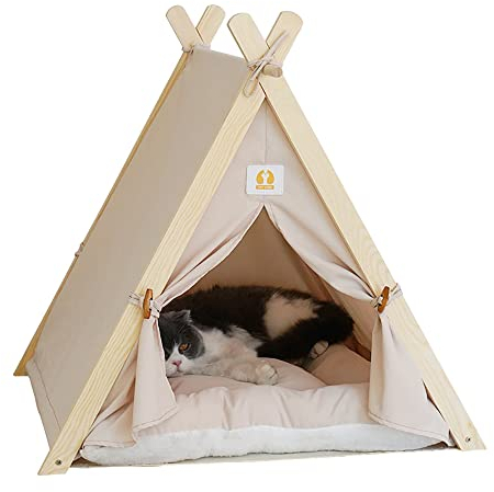 hylley FoldingDog Tipi Zelt Für Große Hunde Tragbare Haustier Katze Tipi Zelte Für Außerhalb Katzen Häuser Innen Welpen Haus Mit Kissen Bett (Beige)