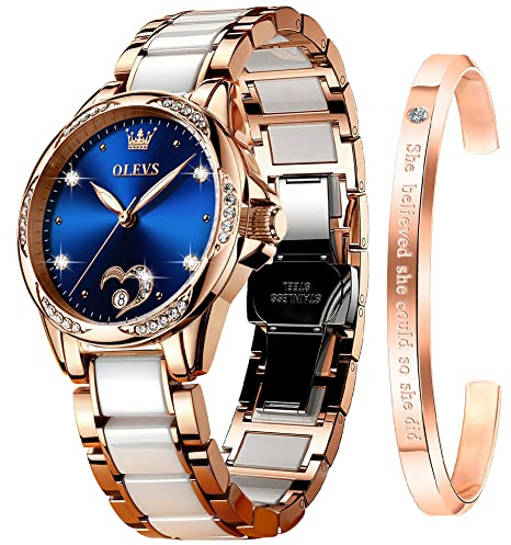 OLEVS Armbanduhr für Damen, automatisch, selbstaufziehend, mechanisch, großes Zifferblatt, zweifarbiges Edelstahl-Keramik-Armband, Herz, Diamant, modisch, luxuriös, Keramikband, leuchtend, wasserdicht