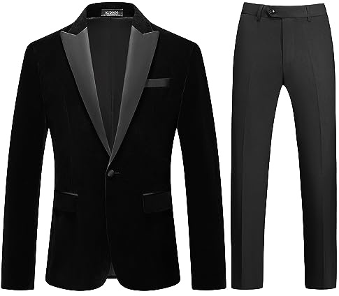 Mens Velvet Suits Slim Fit 2 Piece for Men Tuxedo Blazer Peaked Lapel One Button Dinner Stylish Jacket & Pants Suits Black