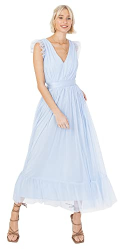 Ladies Maxi Dress for Women V Neckline Sleeveless Frilly for Wedding Guest Bridesmaid Prom Long High Empire Waist Tiered