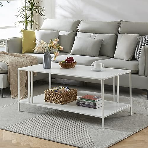 [en.casa] Soffbord kamlingar vardagsrumsbord rektangulärt 110 x 55 x 47 cm metall soffbord med nedre hylla vitt