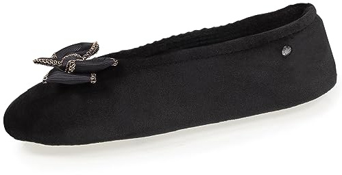 Isotoner Chaussons pantoufles Ballerines femme ultra confortables, en coton biologique, détail grand nœud, 35/36 EU, noir