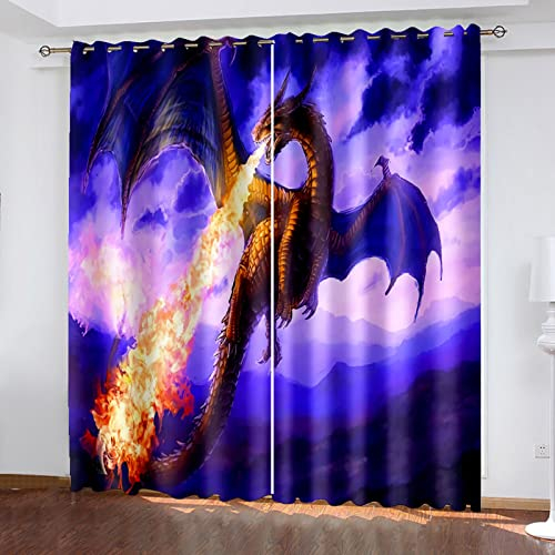 HOUKAI Vorhänge Kinderzimmer Junge 3D Tier Drache Flamme Vorhänge Jungen Kinder Mädchen 200x214 cm Vorhänge Blickdicht Dekor Schlafzimmer, Verdunkelungs Fenster Vorhang Panels, Gardinen Mit Ösen