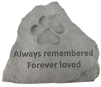 Piedra conmemorativa para mascotas, adorno de jardín al aire libre y marcador de tumba | Homenaje a huellas de patas, Always Remembered Forever Loved, piedra fundida, 14 x 12 x 3 cm