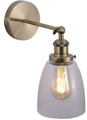 TEKLED Antique Brass Metal Hinged Clear Glass Hoxton Cone Dome Wall Light E27 Fitting
