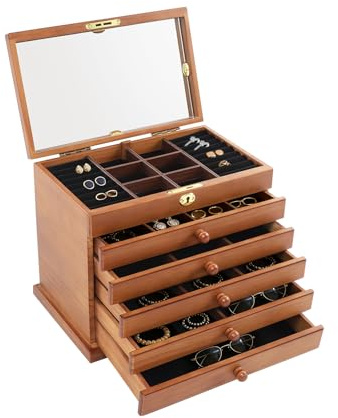 RainWeel Schmuckkasten aus Holz Groß Schmuckkästchen mit 6 Ebenen Vintage Schmuckschatulle mit Spiegel und Schloss in Braun