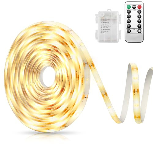 LED Streifen Batterie - 5M Warmweiß LED Strip Batteriebetrieben mit 8 Modi, Timer, Fernbedienung, 150 LEDs Lichtband Dimmbar, Schneidbar Selbstklebend LED Band für Zimmer, Wohnzimmer, Schlafzimmer