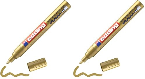edding 750 Glanzlackmarker - gold - Packung mit 1 Lackmarker - Rundspitze 2-4 mm - Lackstift für Glas, Stein, Holz, Kunststoff und Papier - wasserfest, stark deckend (Packung mit 2)