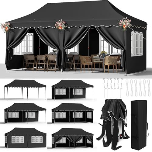 Faltpavillon 3x6 Pavillon Wasserdicht Stabil, Faltbar Gartenzelt 3x6 mit 6 Seitenwänden, Anti-UV 50+ Partyzelt Con 12 Erdhaken 6 Seile 6 PCS Sandsack,Gartenpavillon für Markt,Hochzeiten, Schwarz